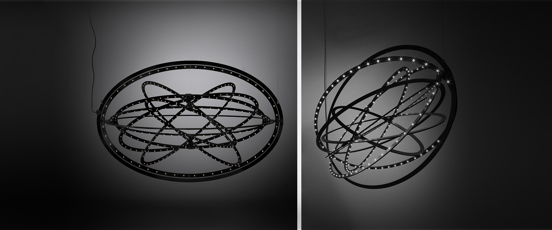 Copernico suspension lamp by Artemide: two views of a black orbital ring chandelier with intersecting elliptical LED hoops