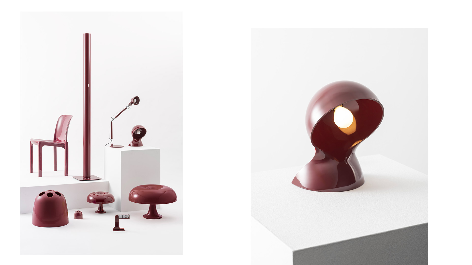 Three Artemide Dalù table lamps in orange, black, and white, with rounded shell-shaped shades casting warm directional light