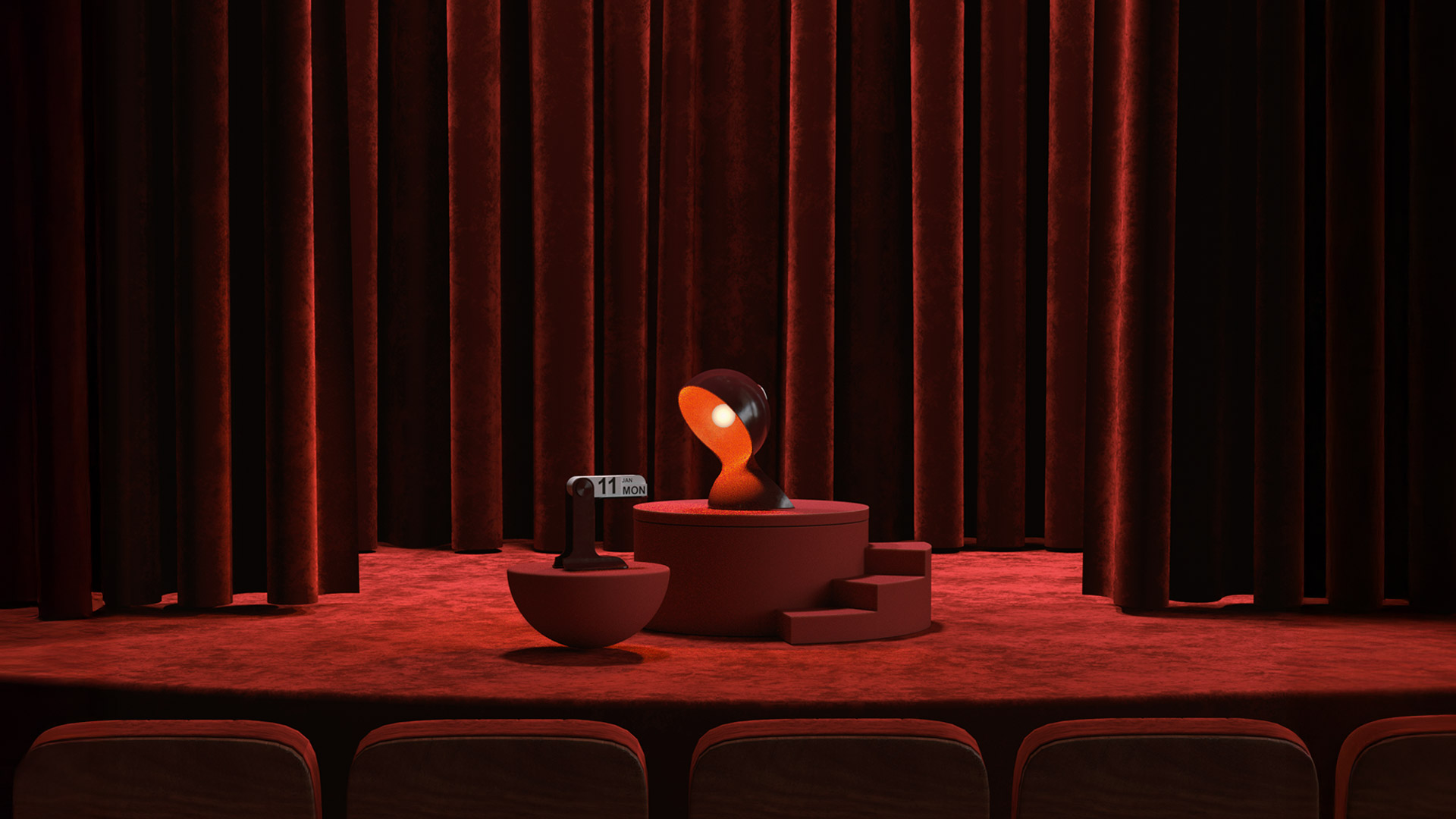 Two iconic Artemide table lamps in orange: Dalù with tilted dome shade on left, Eclisse with rotating shell on right