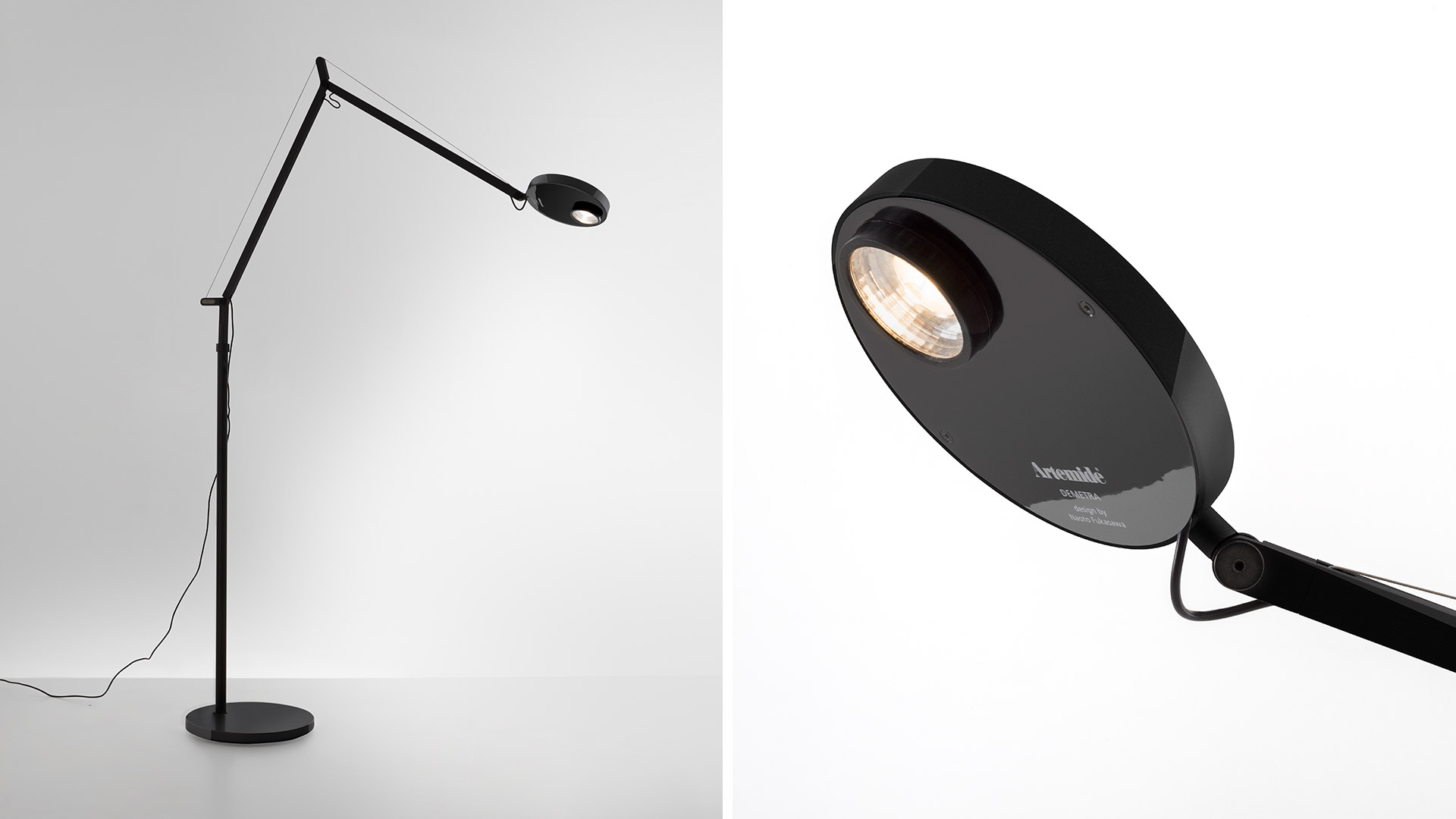 Artemide Demetra Professional Reading Floor lamp in black, with adjustable arm and circular LED head, shown full view and detail