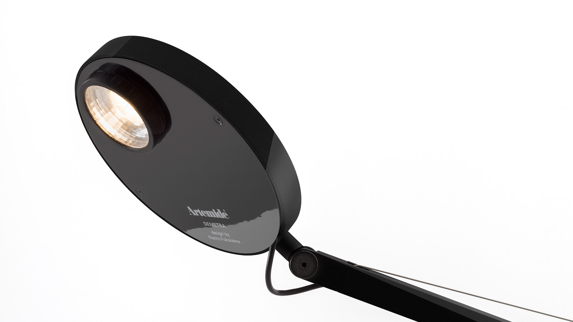 Artemide Demetra Professional Tavolo desk lamp, black finish, circular head with integrated LED, adjustable arm detail