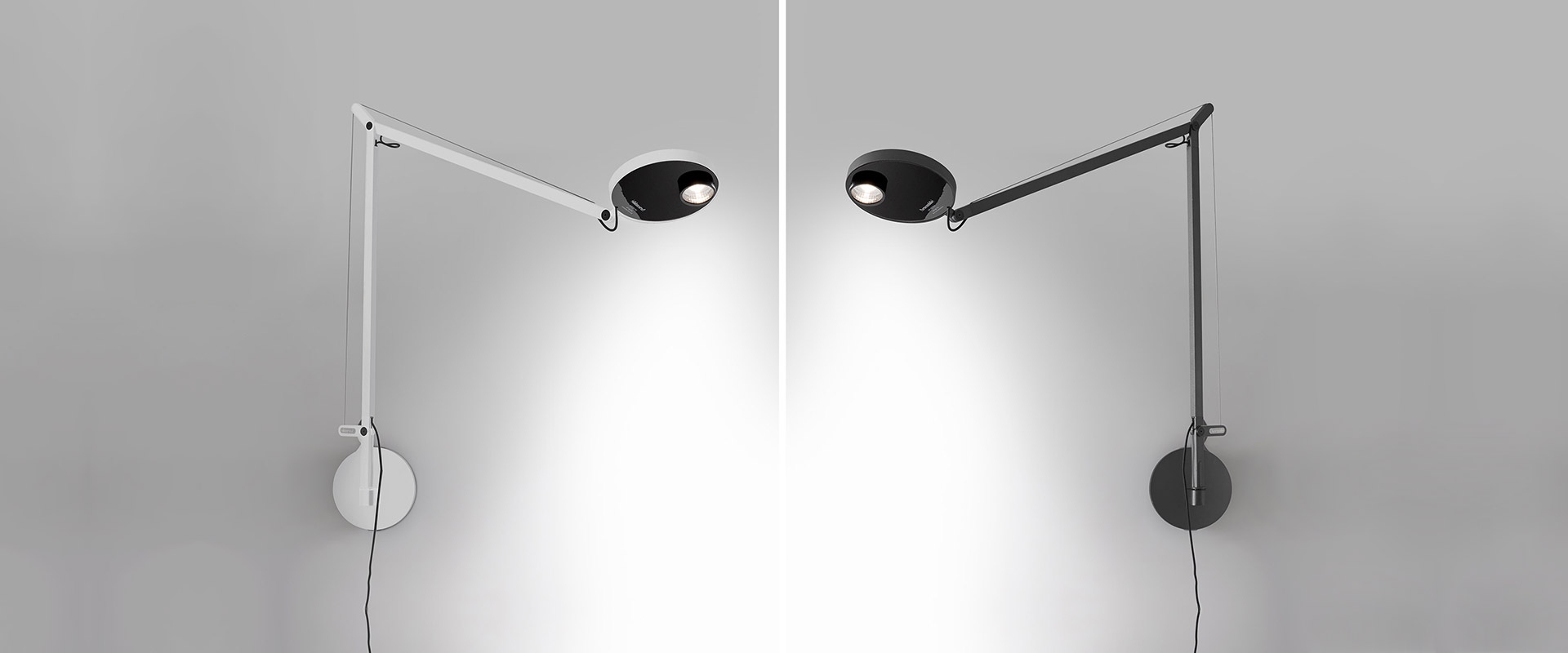 Artemide Demetra Professional Parete wall lamp in white and black versions, adjustable arm with circular LED head mounted on wall bracket