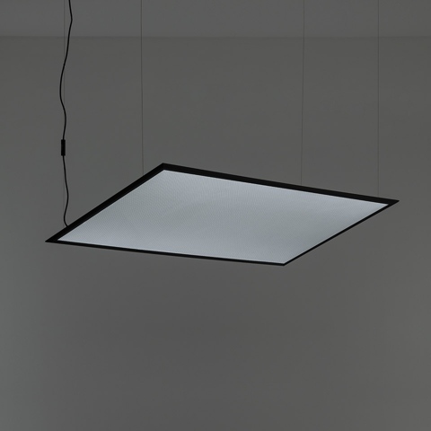 Artemide Discovery Space square pendant lamp with slim black frame and diffused opal white panel, suspended by thin cables