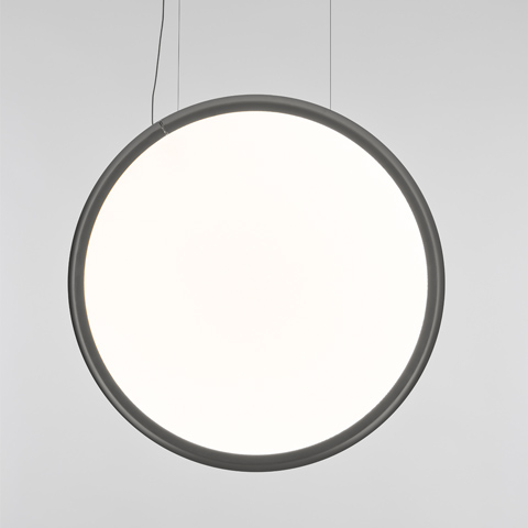 Artemide Discovery pendant lamp: large circular diffuser with white opal disc and dark grey ring frame, suspended by thin cables