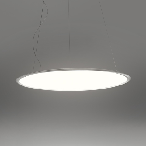 Artemide Discovery pendant lamp: large circular flat white diffuser with slim white frame, suspended by thin cables