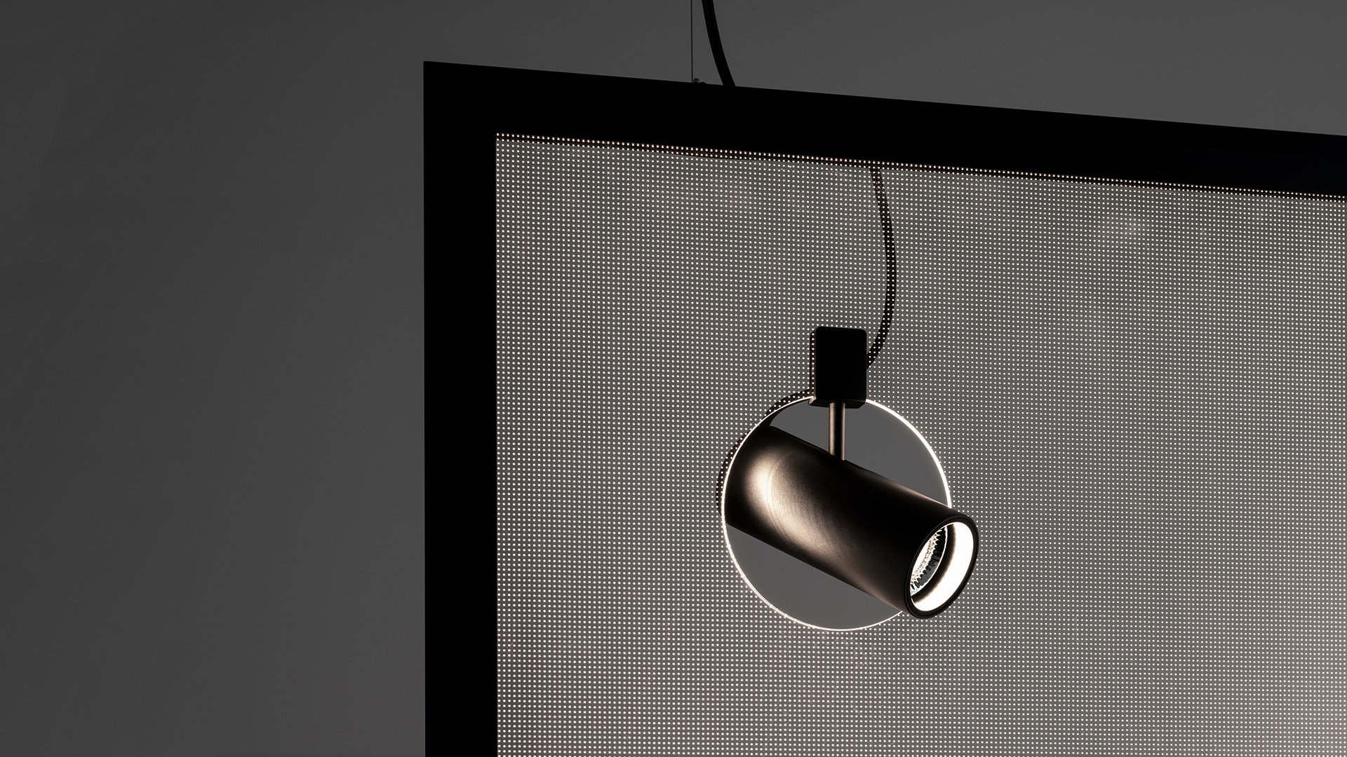 Woman using Artemide app on smartphone to control a Discovery wall light and Discovery Spot adjustable ceiling fixture