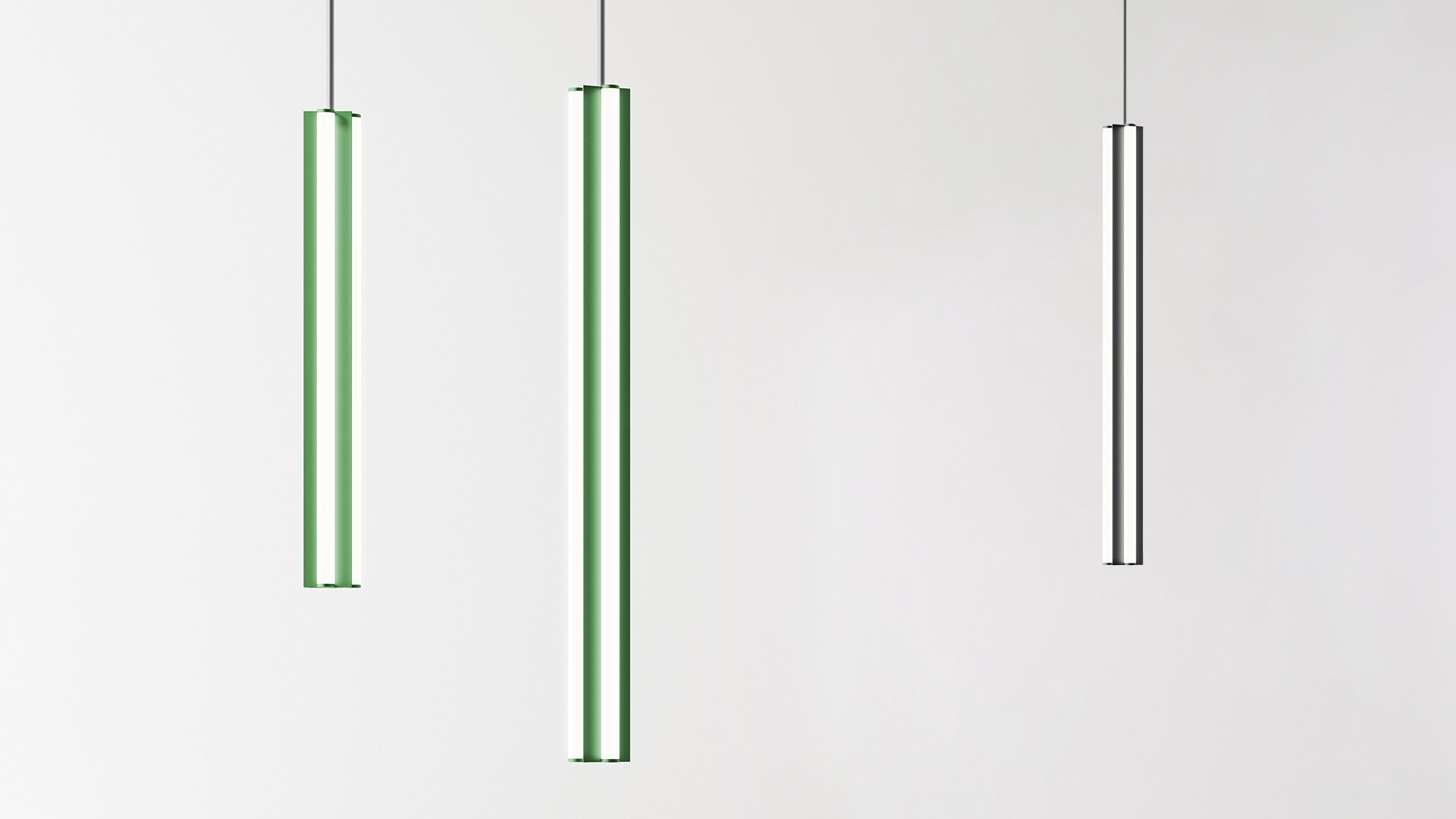 Artemide Dreispitz: two vertical black cylindrical tubes with warm beige inner diffusers and dark tricorn base detail