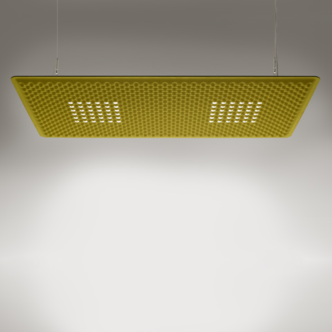 Artemide Eggboard Matrix pendant lamp: rectangular yellow acoustic panel with honeycomb texture, suspended by steel cables, emitting downward light