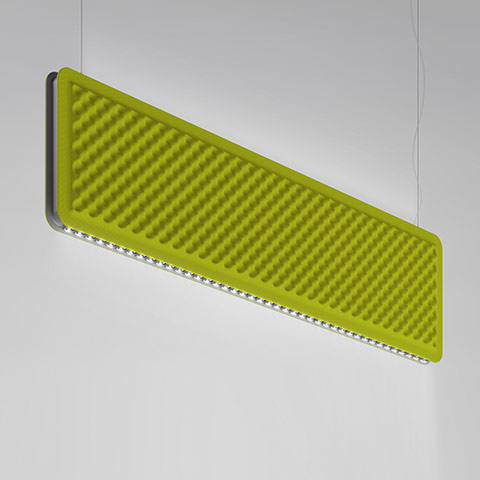 Artemide Eggboard Baffle pendant lamp: rectangular lime green acoustic panel with egg-crate texture, LED strip along bottom edge