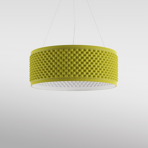 Artemide Eggboard Circle pendant lamp with yellow-green textured drum shade featuring raised dot pattern and white diffuser bottom
