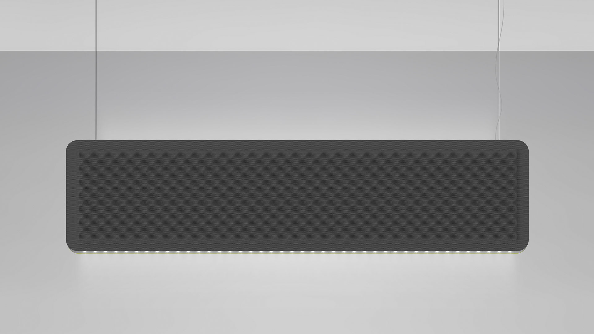 Top view of Artemide Eggboard acoustic panels in yellow-green and dark grey, with a central Eggboard Baffle ceiling light strip