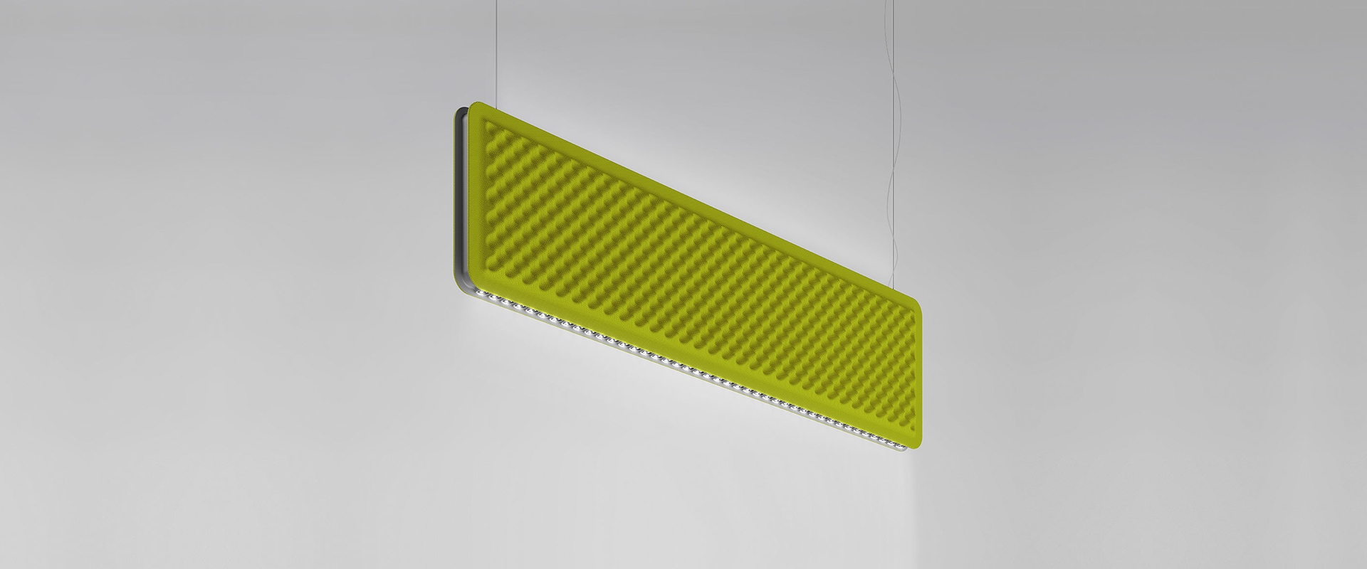 Modern meeting room with Artemide Eggboard acoustic pendant panels and Baffle ceiling elements providing light and sound absorption