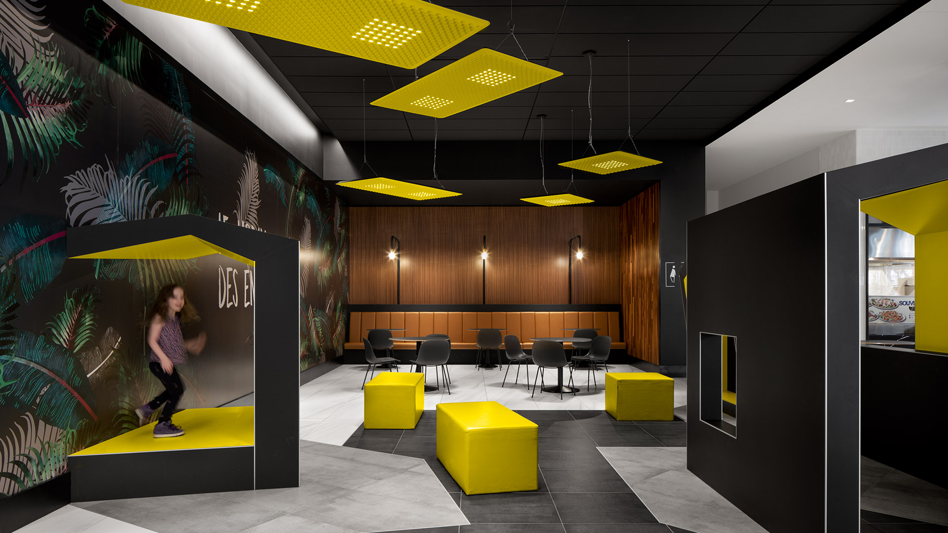 Gold wave-textured ceiling panel with integrated LED spotlights arranged in a diagonal pattern, Artemide Eggboard Matrix system