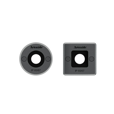 Artemide Ego 55 downlight mounting plates: round and square versions in dark grey, IP65/67 rated, with central cable opening