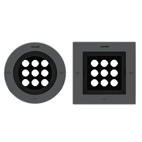 Artemide Ego 220 downlight in round and square versions, dark gray finish, featuring a 3x4 LED array recessed into black housing