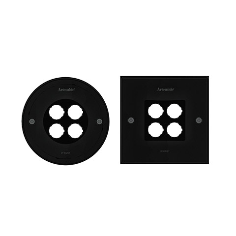 Artemide Ego 150 downlight: round and square black recessed frames with four circular lens openings, IP65 rated