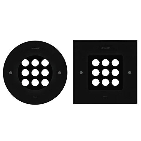Artemide Ego 220 downlight: two black recessed fixtures, round and square versions, each with 12 circular LED apertures in a 4x3 grid