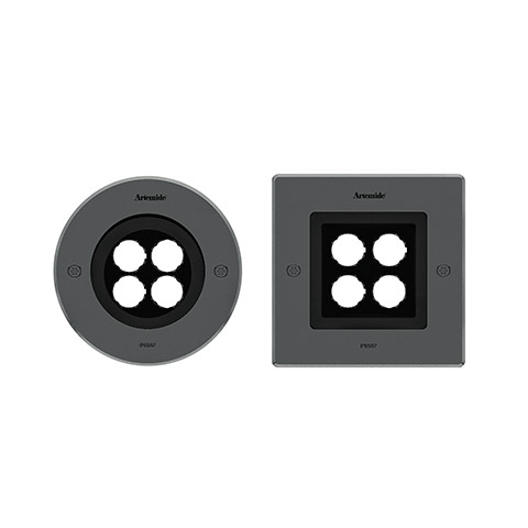 Artemide Ego 150 drive-over recessed ground lights: round and square versions in dark grey, each with four circular LED apertures, IP67 rated