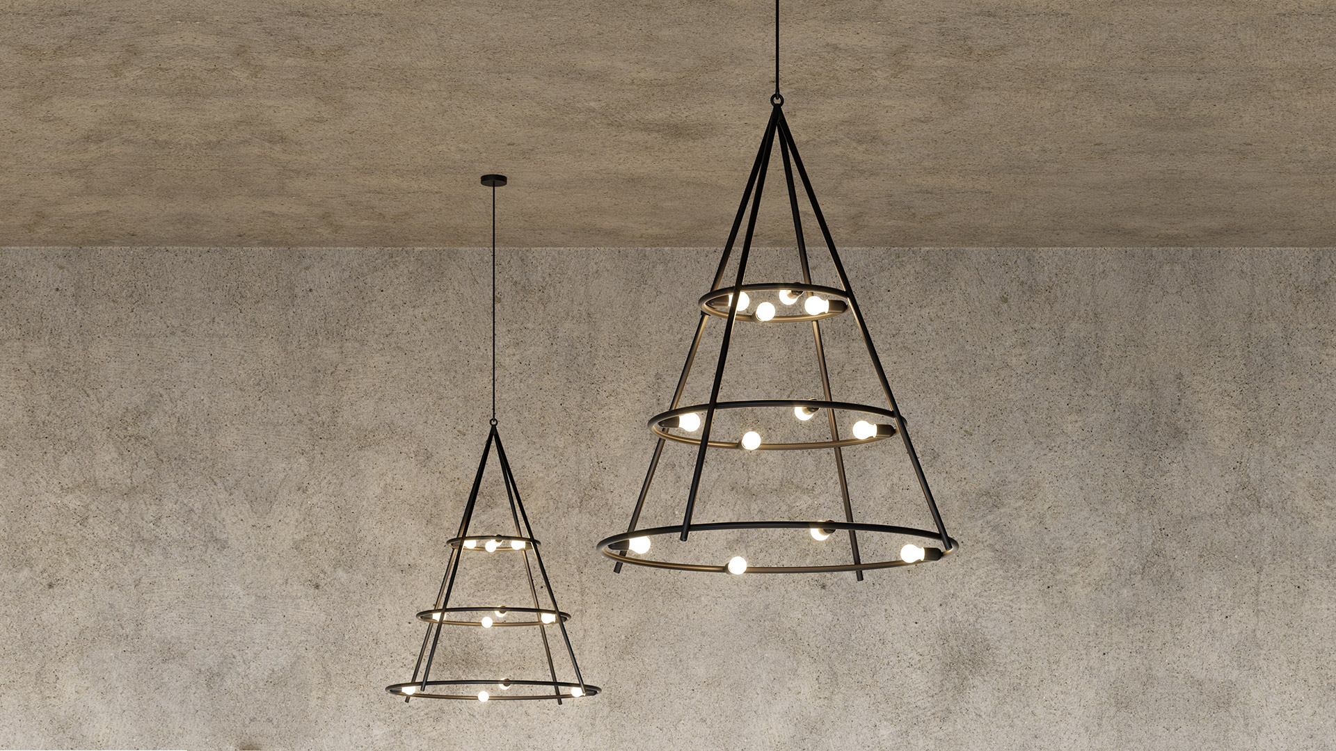 Two El Porís pendant lamps by Artemide, conical black metal frames with circular LED rings, displayed at Herzog & de Meuron exhibition