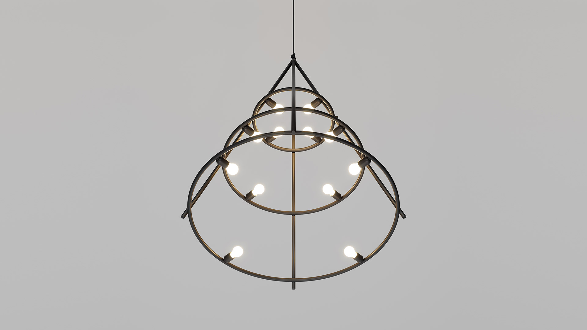 Two Artemide El Porís pendant lamps with black conical frames and three circular rings holding small exposed bulbs, suspended from ceiling