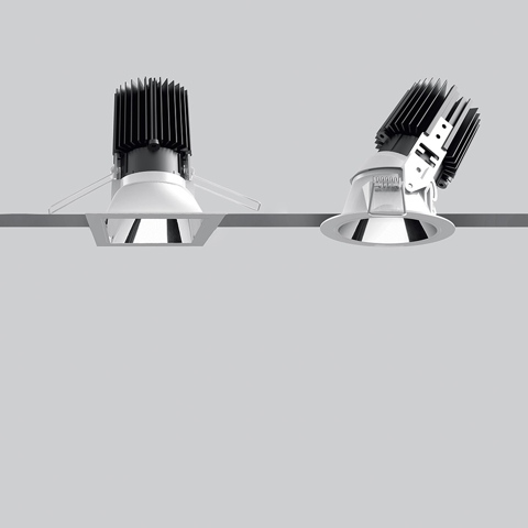 Artemide Everything 80 Trim recessed downlights: left square fixed version, right round adjustable version, both with chrome reflector and black heat sink