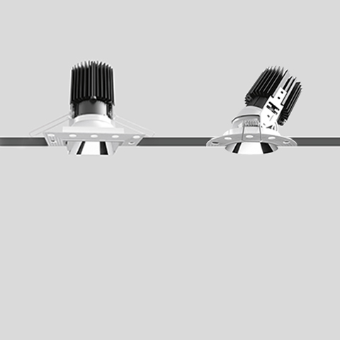 Artemide Everything 80: two recessed LED downlights, left fixed trimless square version, right adjustable tilted version, white finish with black heat sink