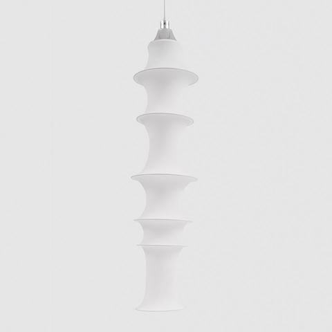 Artemide Falkland pendant lamp: tall white fabric shade with multiple stacked conical rings, suspended by a silver cord