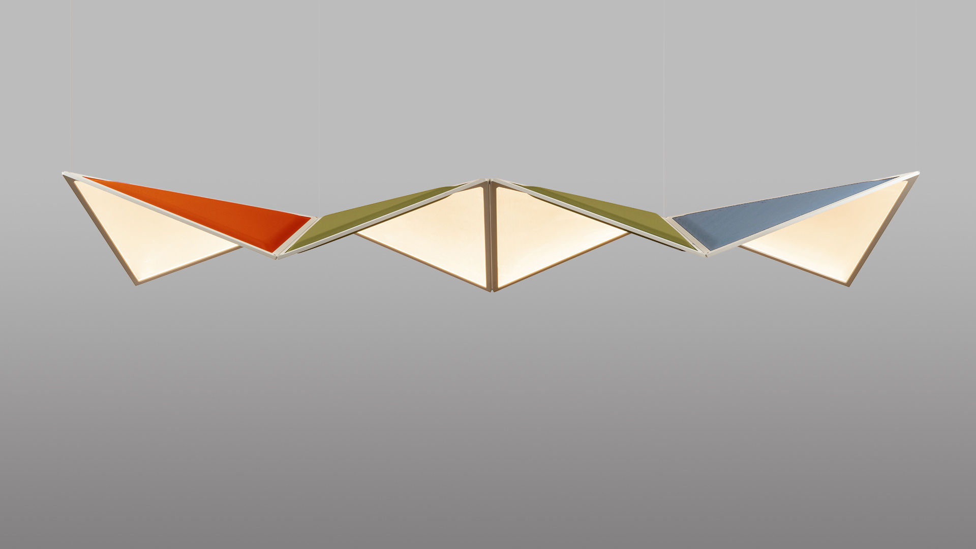 Artemide Flexia pendant lamp: geometric triangular frame in silver with olive-green and cream panels, suspended by thin cables