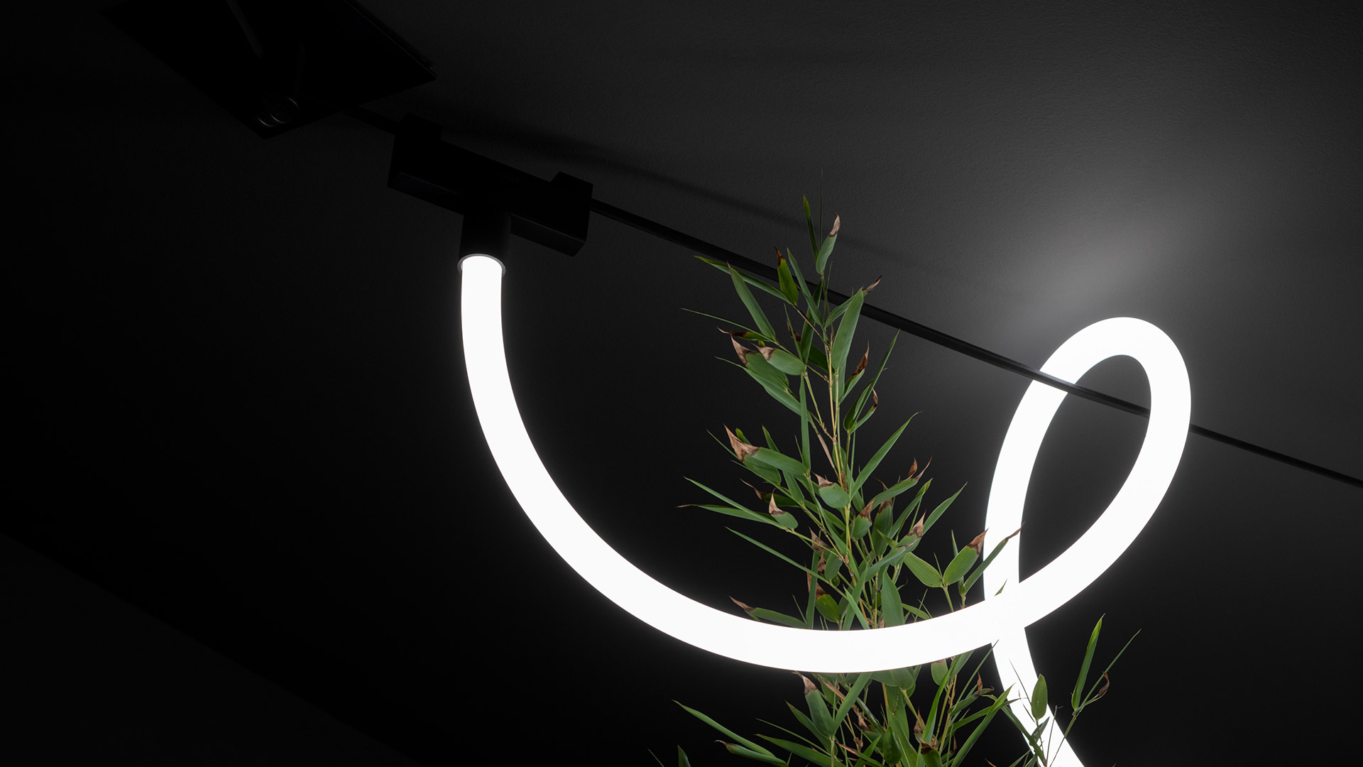 Artemide Funivia system: black track with modular pendants including circular ring, linear bar, spotlight, sphere, and LED neon flex