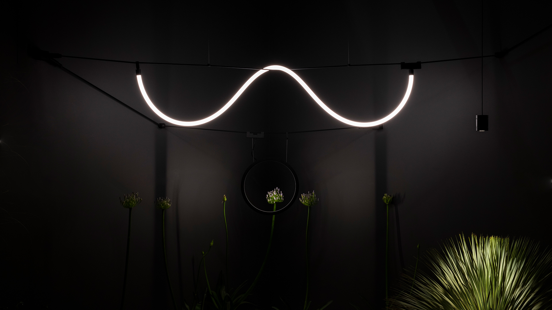 Artemide Funivia pendant lamp: dark circular LED ring suspended by black cables, illuminated against dark background with red foliage