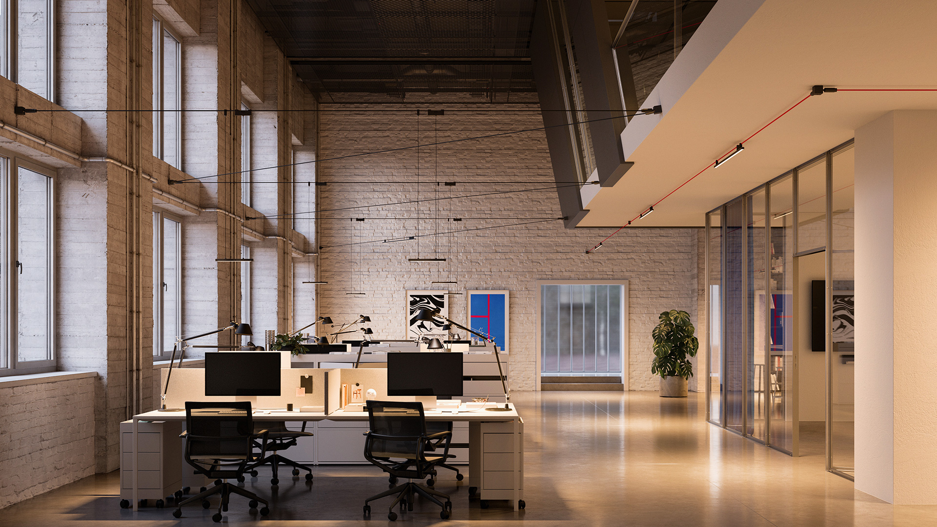 Artemide Funivia: black modular track system mounted on wall corner, featuring spotlights, linear modules, and a suspended pendant bar