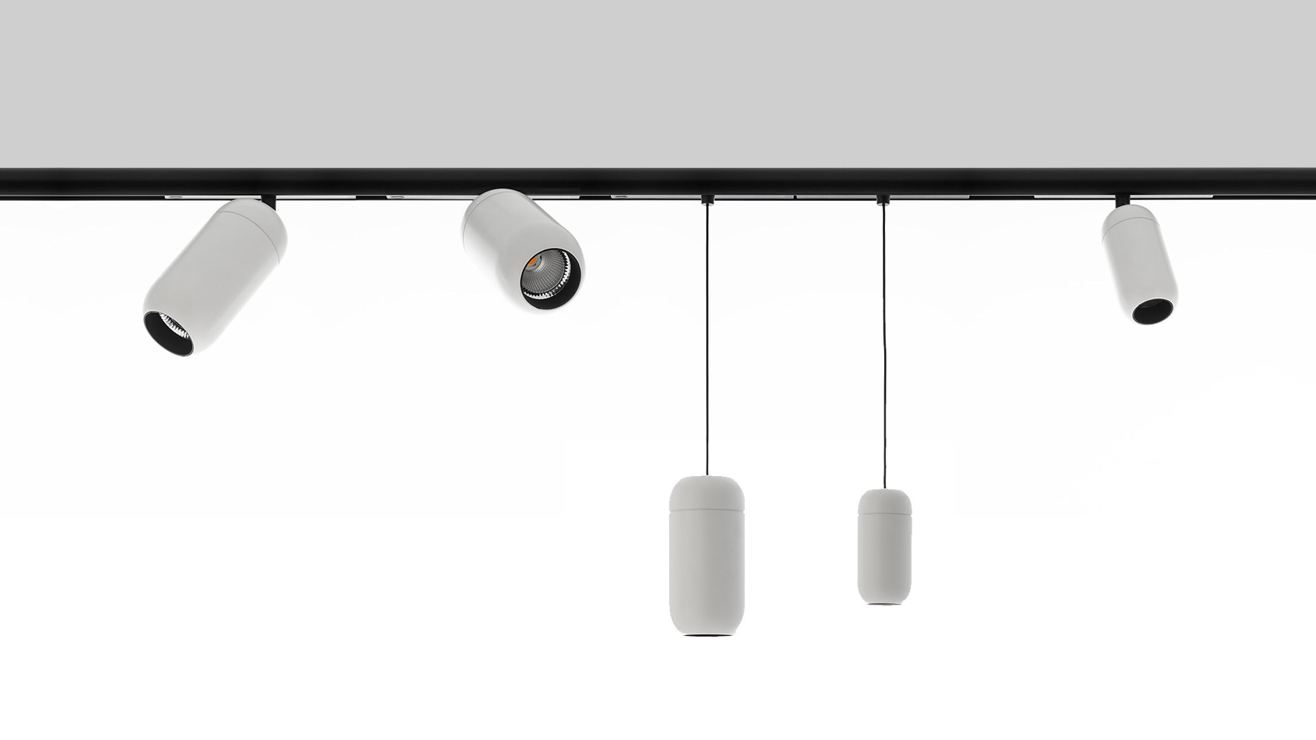 Artemide Gople System track spotlight: white cylindrical LED fixture mounted on black rail, tilted head with warm LED source