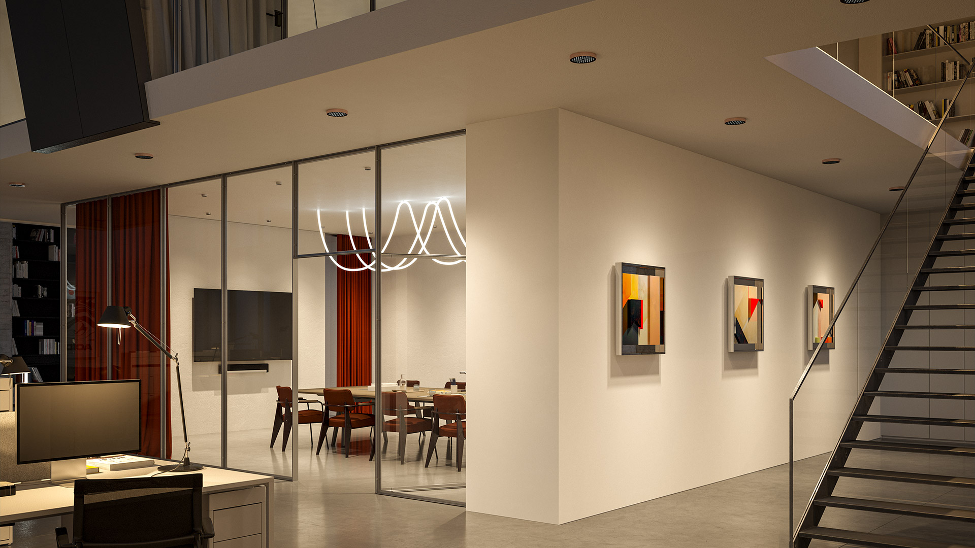 Four Artemide Helgoland LED fixtures in different sizes, featuring hexagonal clusters of warm golden light modules on black background