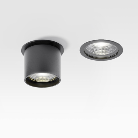 Artemide Hoy and Hoy Spot: two black LED recessed downlights shown installed in ceiling and as standalone unit
