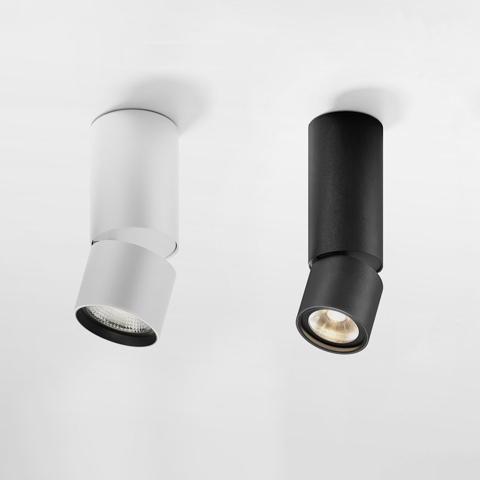 Artemide Hoy Spot SMD ceiling spotlights: white and black cylindrical adjustable surface-mounted fixtures with LED light source