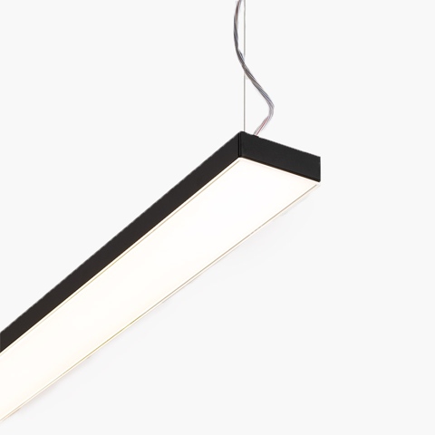 Artemide Hoy Linear Stand Alone pendant lamp: sleek black rectangular LED fixture with white diffuser, suspended by steel cables