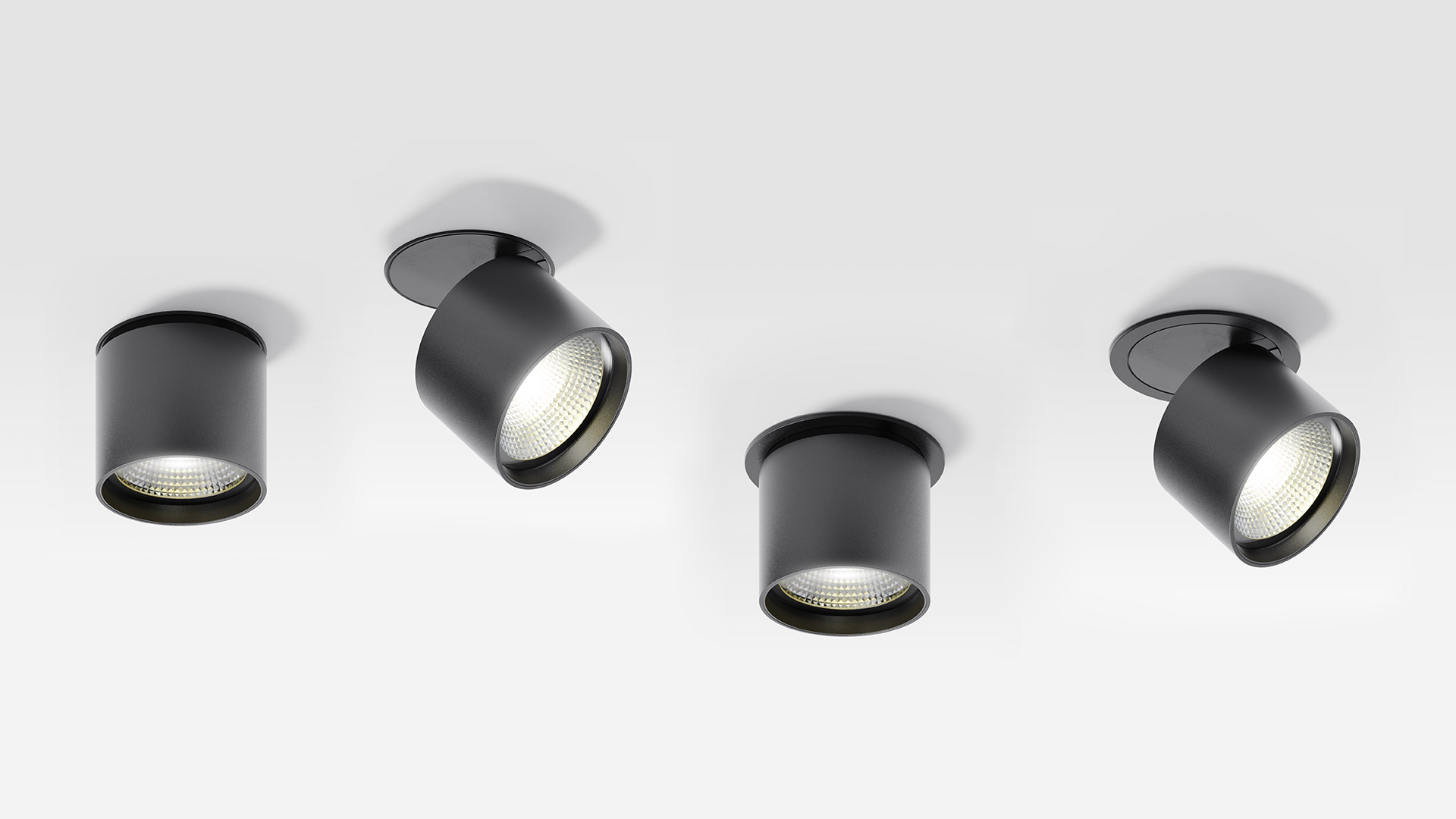 Six Artemide Hoy Spot recessed LED downlights in silver and white finishes, arranged in two groups on a neutral background