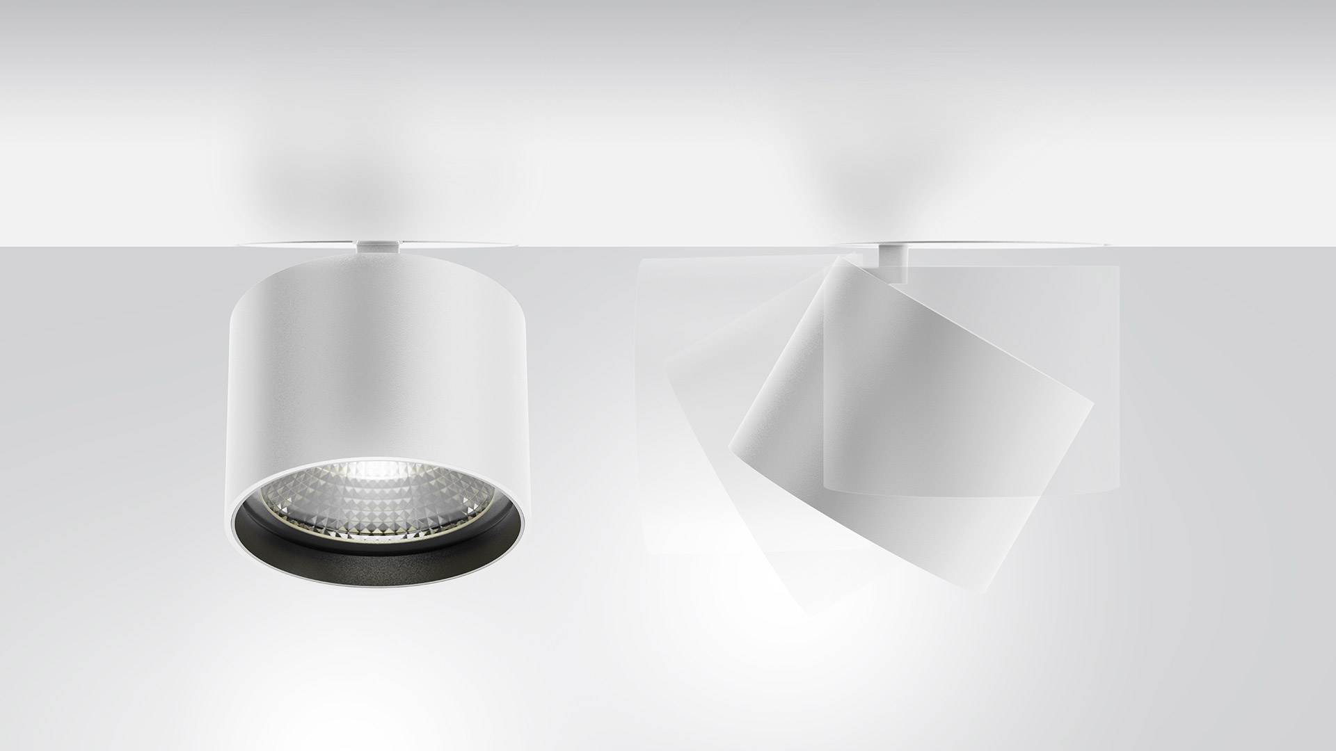 Two Artemide Hoy track spotlights in white: left cylindrical downlight with black trim, right adjustable cubic spot on rail