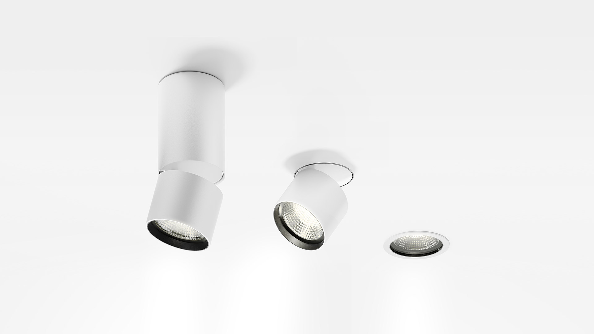 Artemide Hoy collection: four LED spotlights in white and black, including recessed, surface-mounted, and track-mounted versions