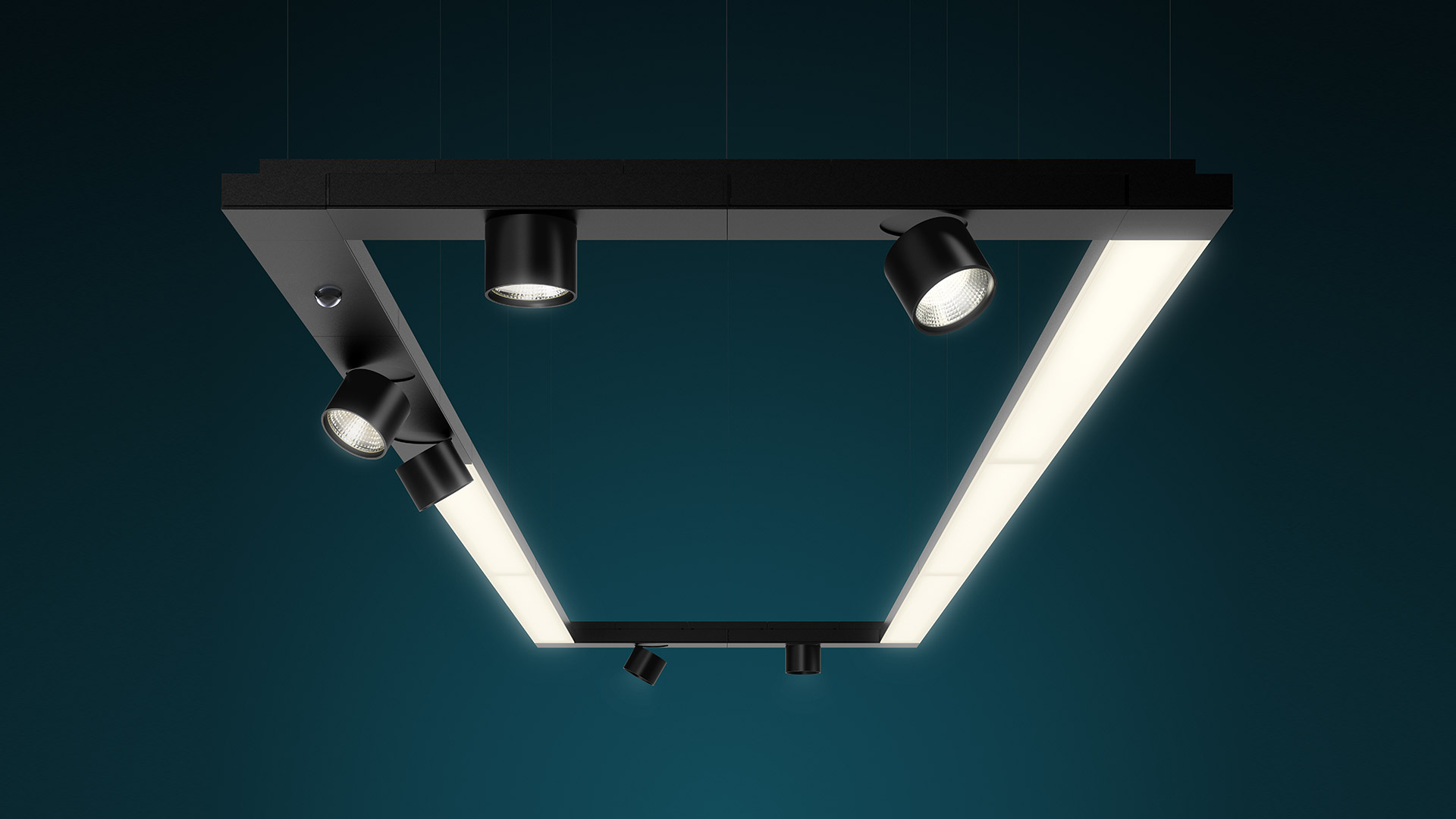 Artemide Hoy System: sleek black linear LED pendant and ceiling-mounted track in a minimalist white gallery space with display pedestals