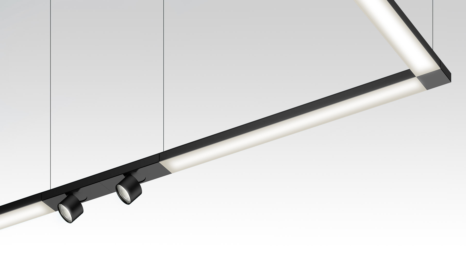 Artemide Hoy System pendant lamp in black, featuring a rectangular body with pyramid-shaped anti-glare LED optics arranged in rows