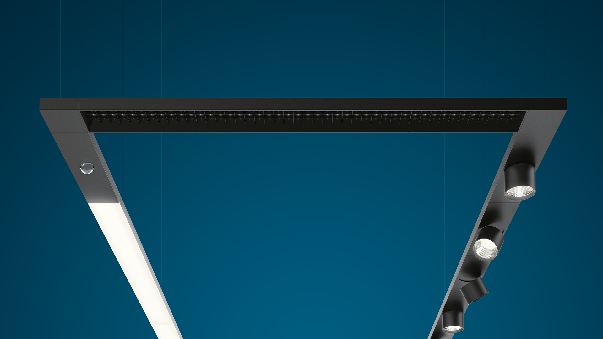 Artemide Hoy System: black trapezoidal pendant with integrated LED panels and three adjustable cylindrical spotlights on dark teal background