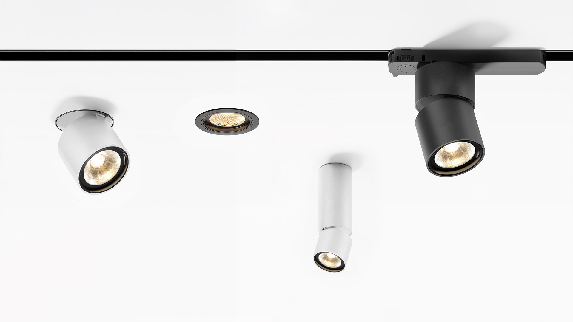 Three white Artemide Hoy Spot SMD ceiling lights: surface-mounted cylinder, recessed adjustable, and flush recessed versions