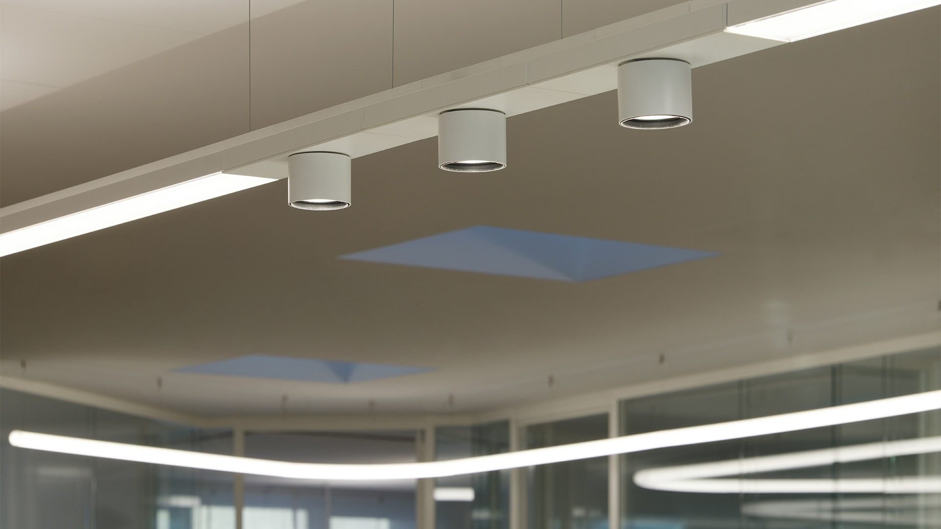 Two Artemide Hoy System pendant linear LED fixtures suspended by cables: white aluminum profile above, dark gray below.