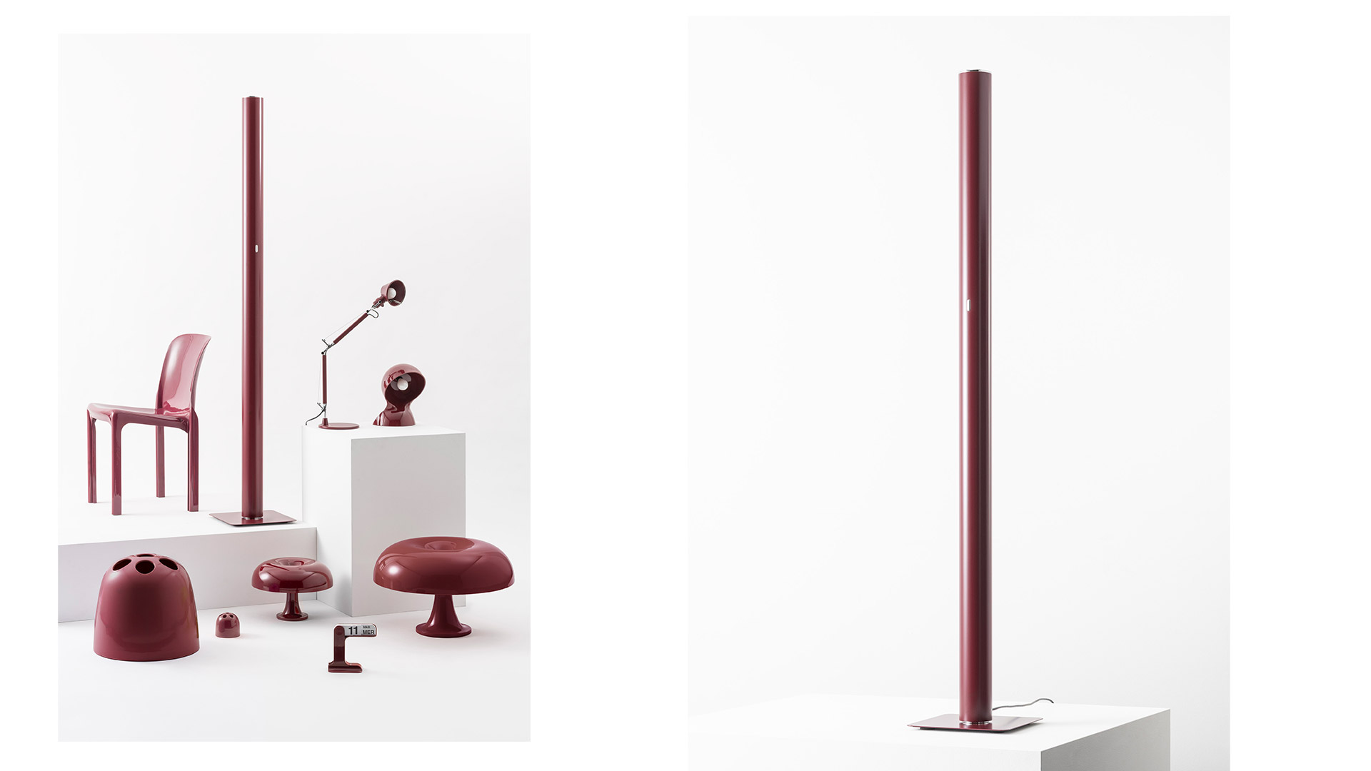 Artemide Ilio floor lamps in three colors: white, black, and red, featuring slim cylindrical stems on flat square bases
