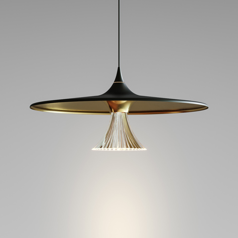 Artemide Ipno pendant lamp: wide flat black disc shade with gold inner finish and delicate radiating filaments forming a central cone