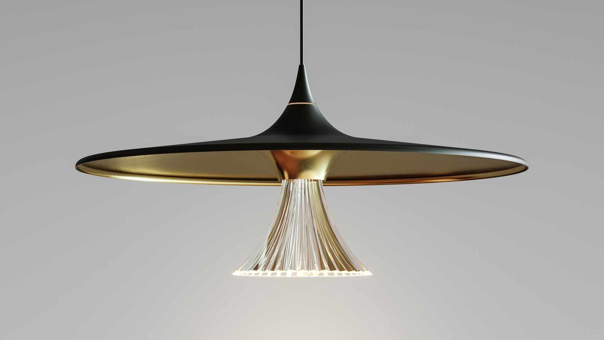 Ipno suspension lamp by Artemide: dark flat disc shade with golden wire diffuser, hanging above a table with teapot, beside a plant and star map