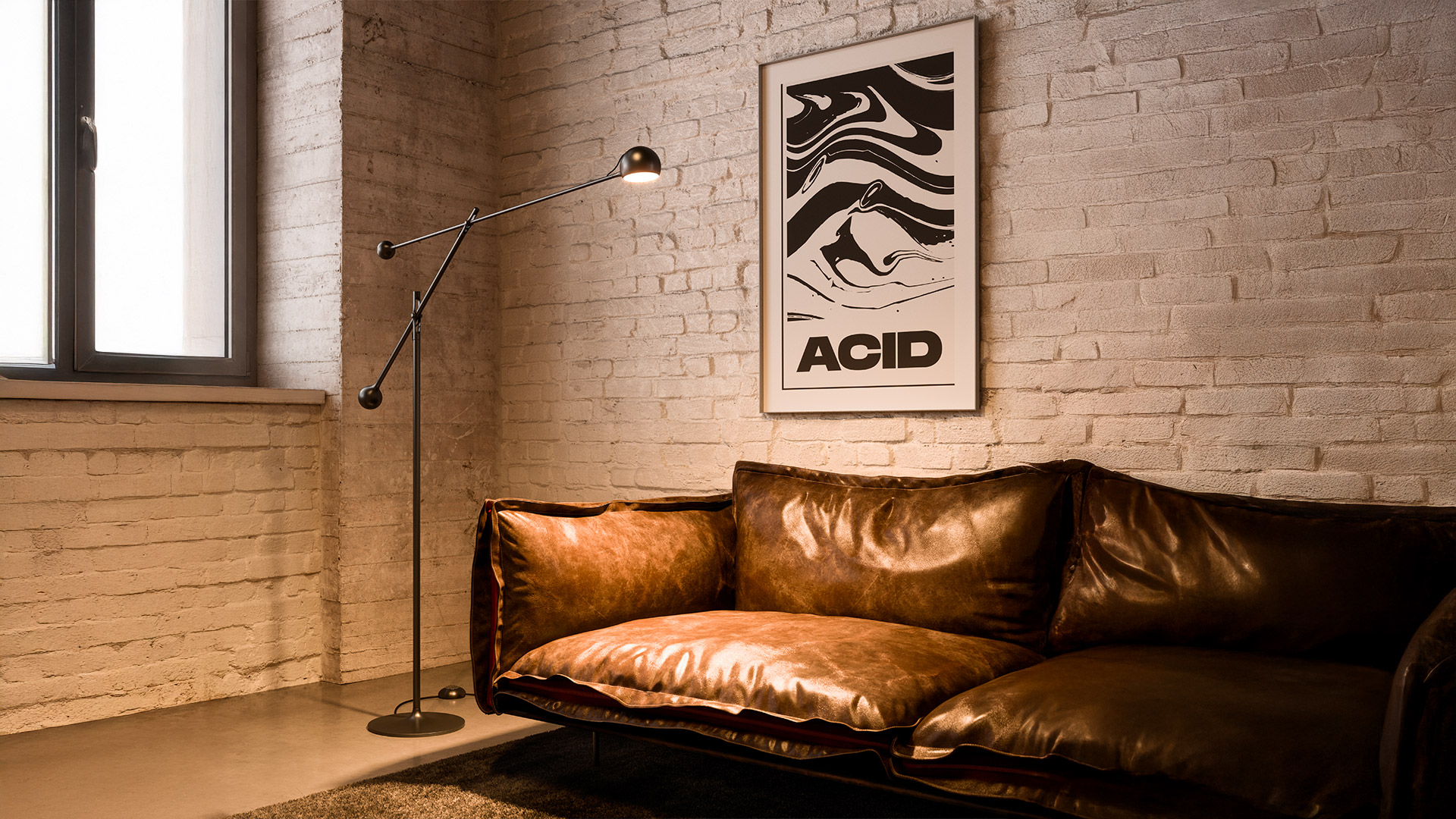 Artemide Ixa wall lamp with adjustable arm illuminates abstract artwork above a mid-century armchair and side table in a dark room