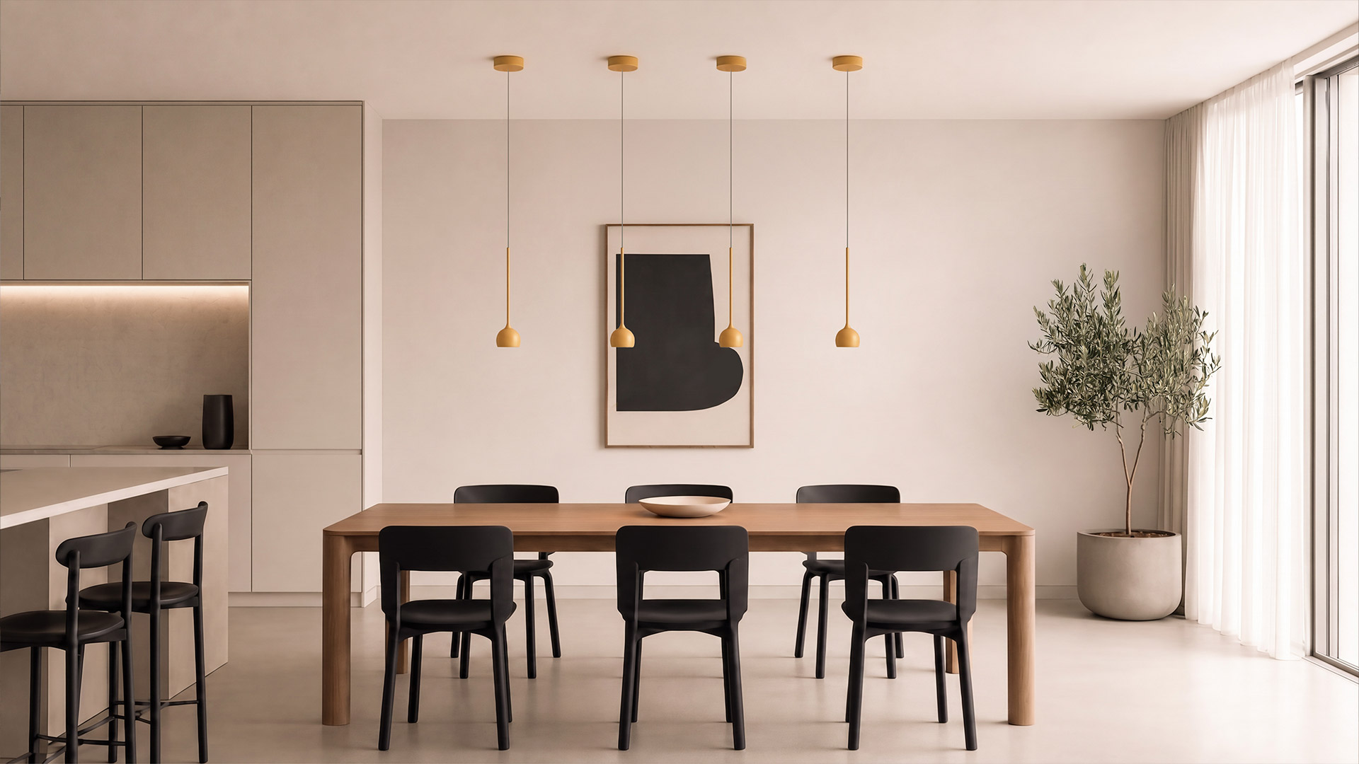 Artemide Ixa pendant lamp: wide flat disc shade emitting warm light, suspended by a slender black horizontal arm from the ceiling