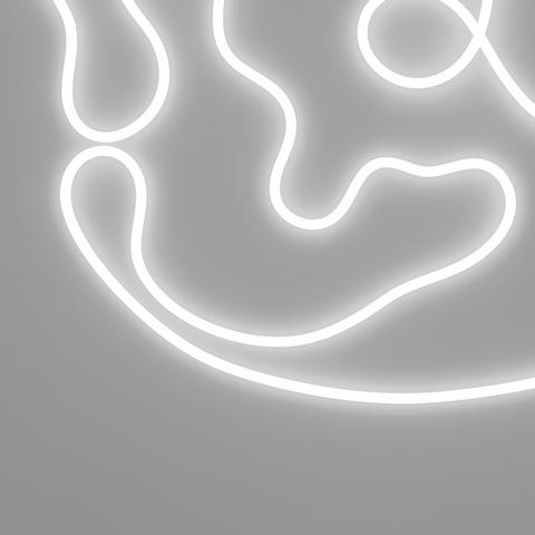 Artemide La Linea 25: glowing white LED flexible light tube forming organic, free-flowing curves against a grey background